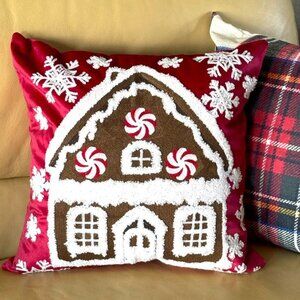 Red Velvet Christmas Gingerbread House Embroidered Tufted 18" Pillow Cover New